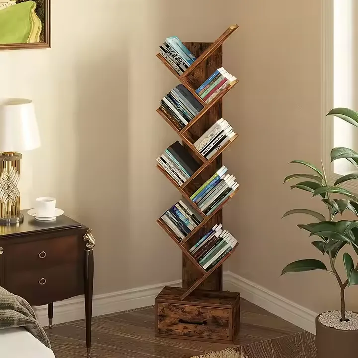 Wooden beveled corner bookshelf unique storage rack & art decoration — view 3