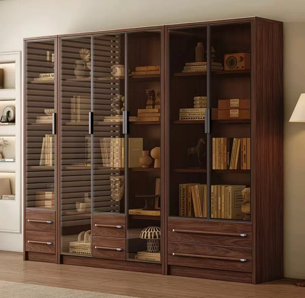 Wooden Bookcase with Glass Doors, Modern Storage Display Cabinet for Living Room Study — view 3