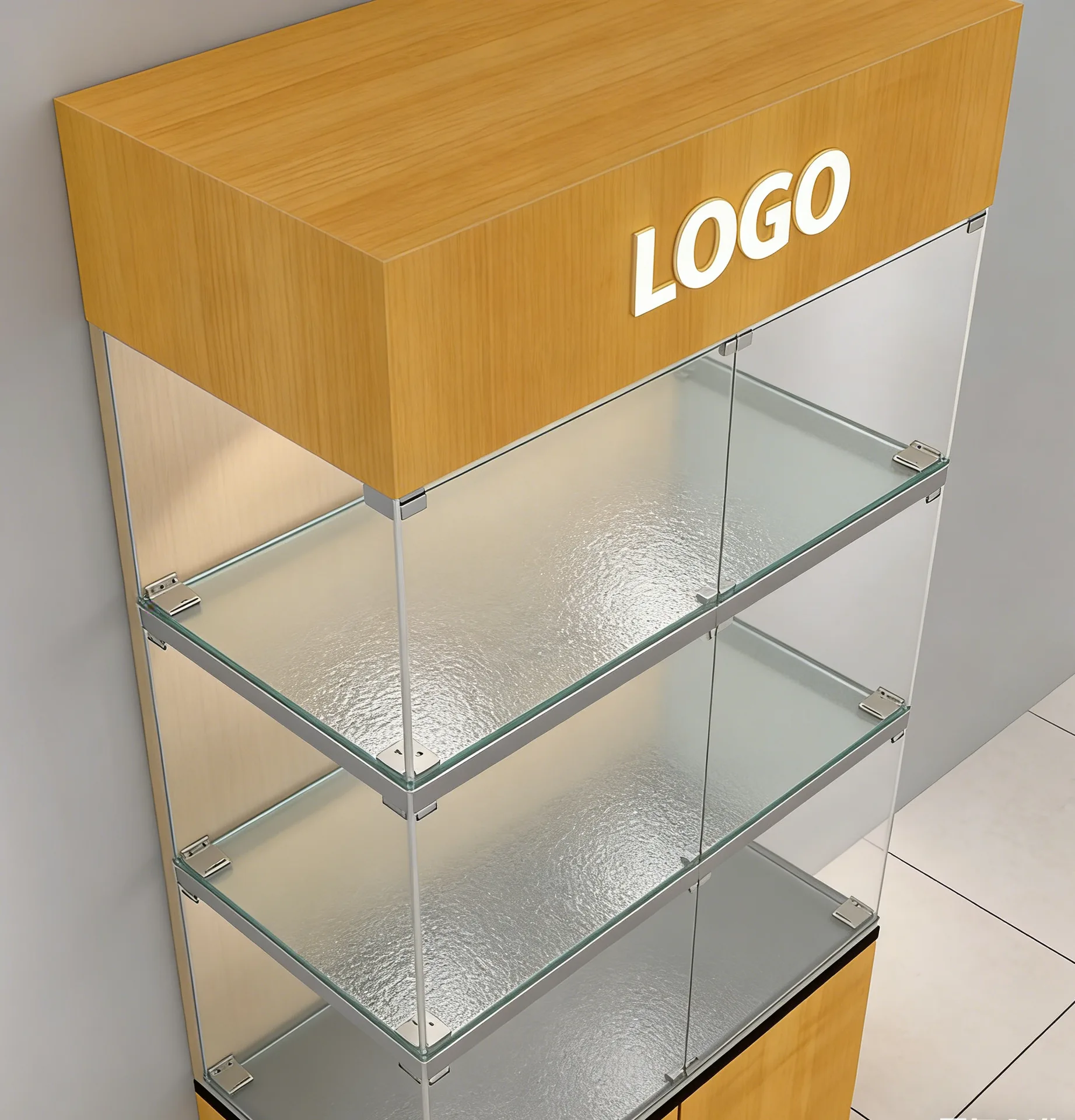 Wooden Glass Display Showcase with LED Lights & Storage, Tempered Glass Shelves for Retail — view 4