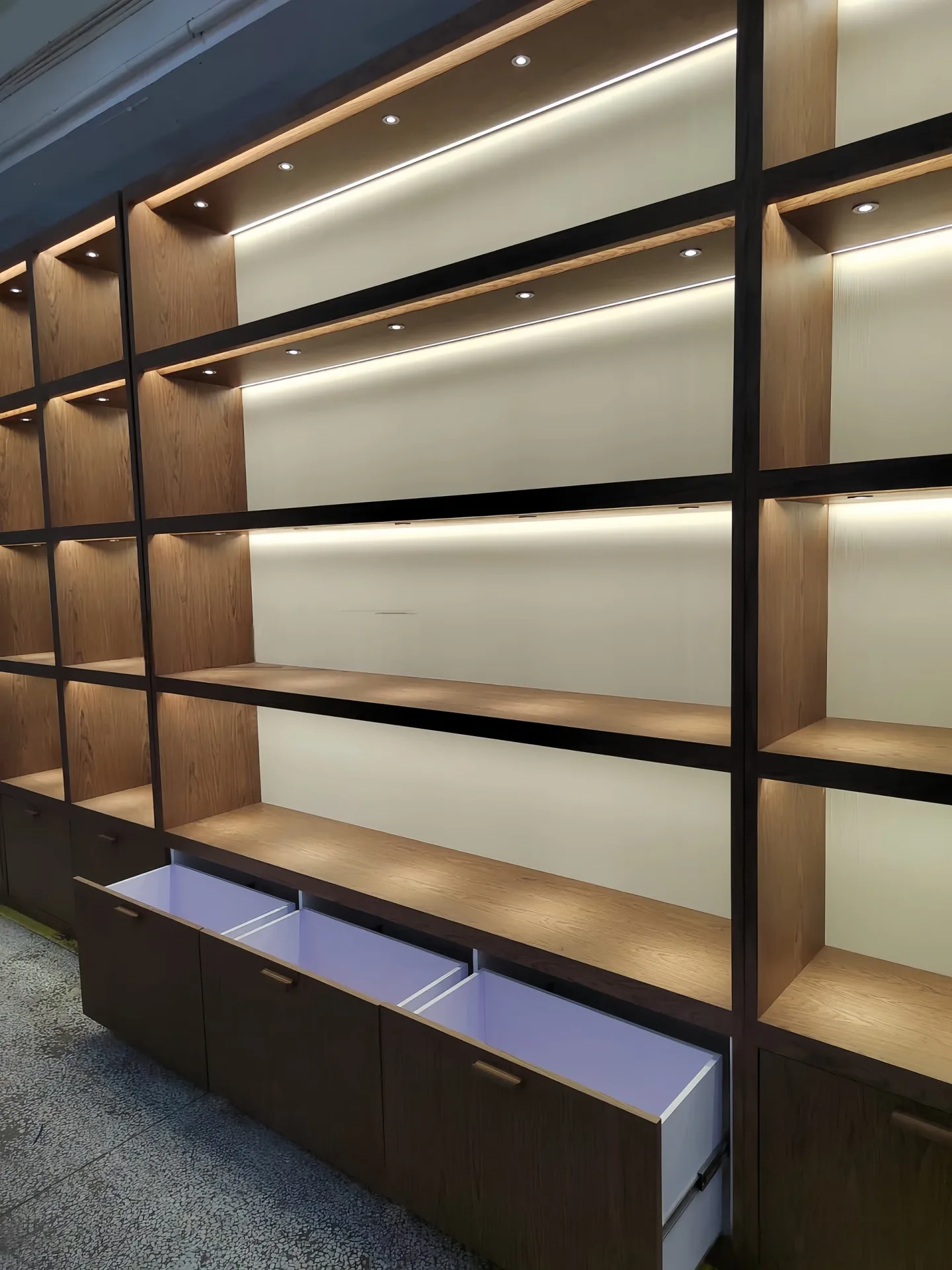 Wooden Grid Jewelry Display Cabinet With LED Lights & Storage Drawers For Jewelry Shop Wall — view 4
