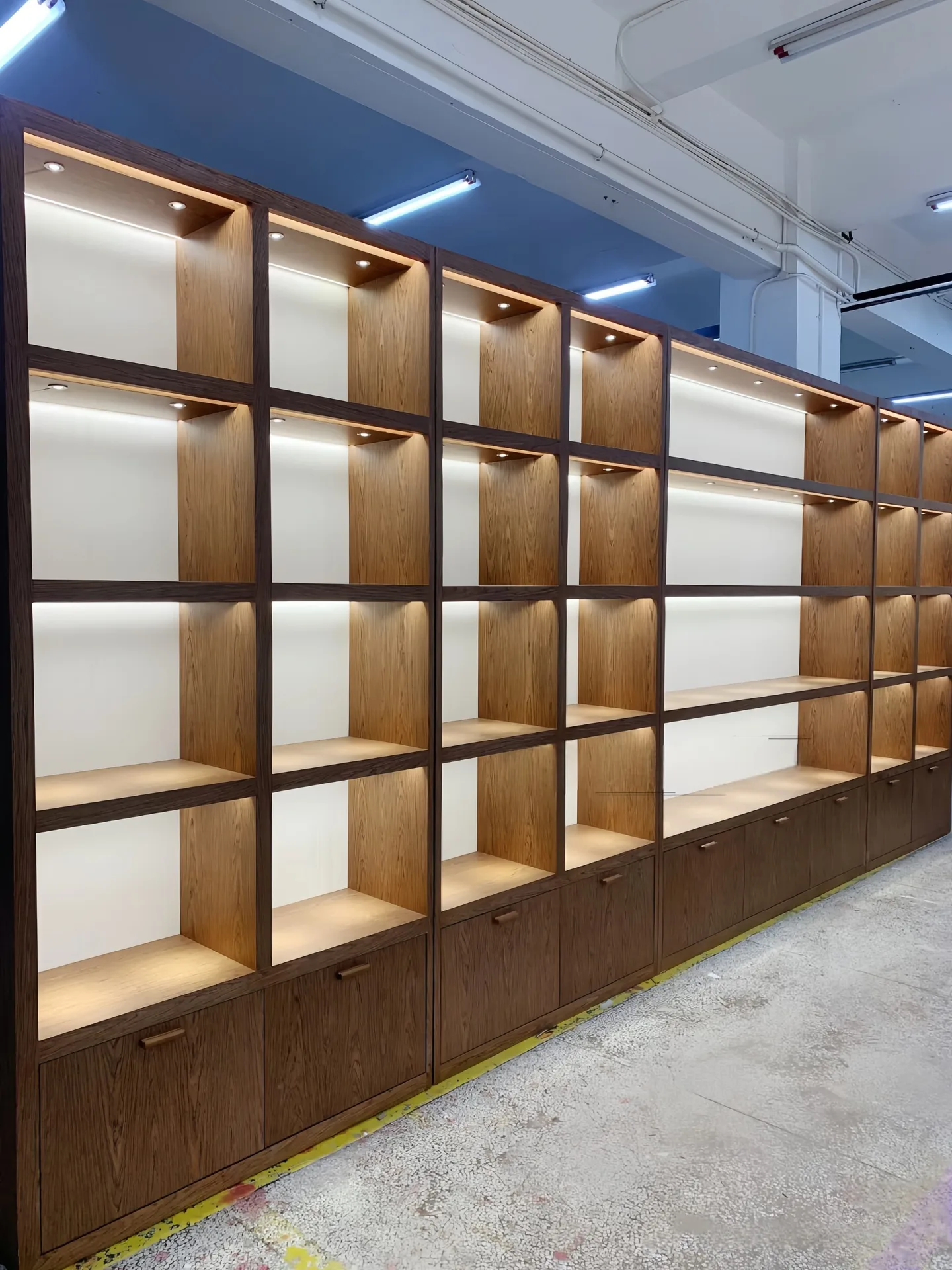 Wooden Grid Jewelry Display Cabinet With LED Lights & Storage Drawers For Jewelry Shop Wall — view 2