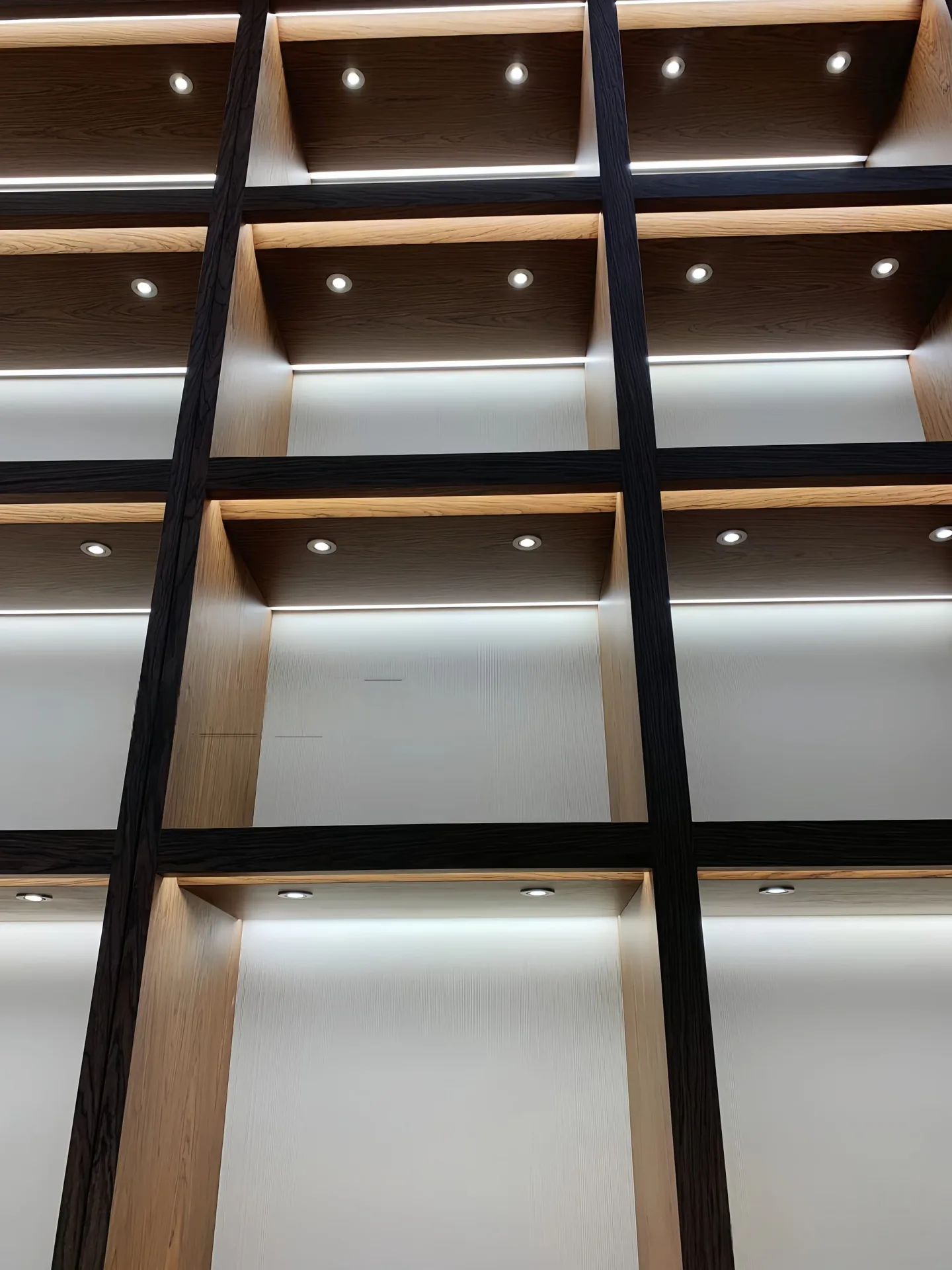 Wooden Grid Jewelry Display Cabinet With LED Lights & Storage Drawers For Jewelry Shop Wall — view 3