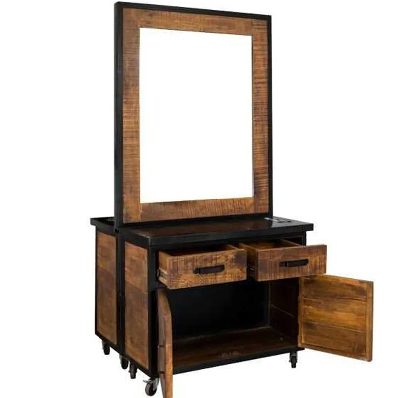 Wooden retro-style barber double side mirror barber station salon shop furniture — view 3