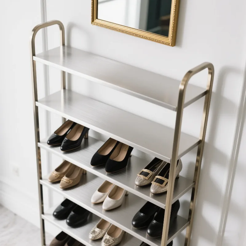 Wooden shoe display cabinet Stainless steel shoe display rack for sale — view 4