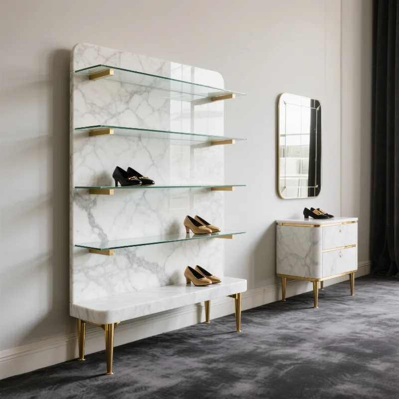 Wooden shoe display cabinet Stainless steel shoe display rack for sale — view 5