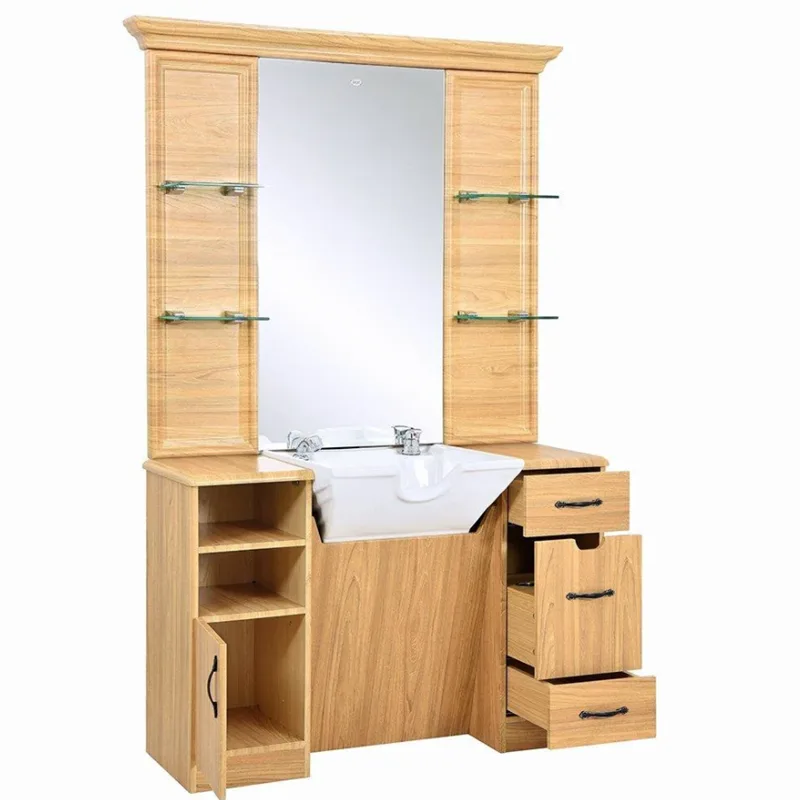 Wooden simple barber station salon workbench with sink on sale — view 3