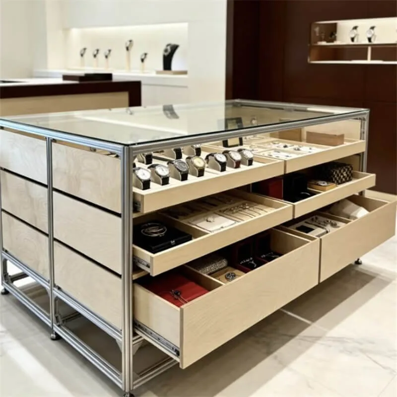 Wooden Watch Display Cabinet | Stainless Steel Frame Tempered Glass Watch Display Cabinet | Island with Drawers for Luxury Watch Stores — view 4