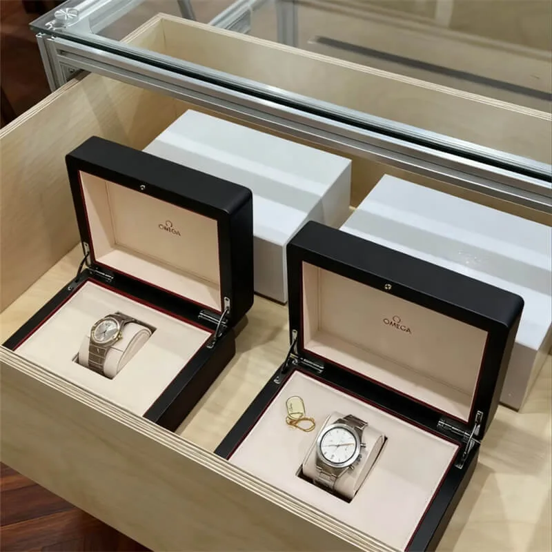 Wooden Watch Display Cabinet | Stainless Steel Frame Tempered Glass Watch Display Cabinet | Island with Drawers for Luxury Watch Stores — view 3