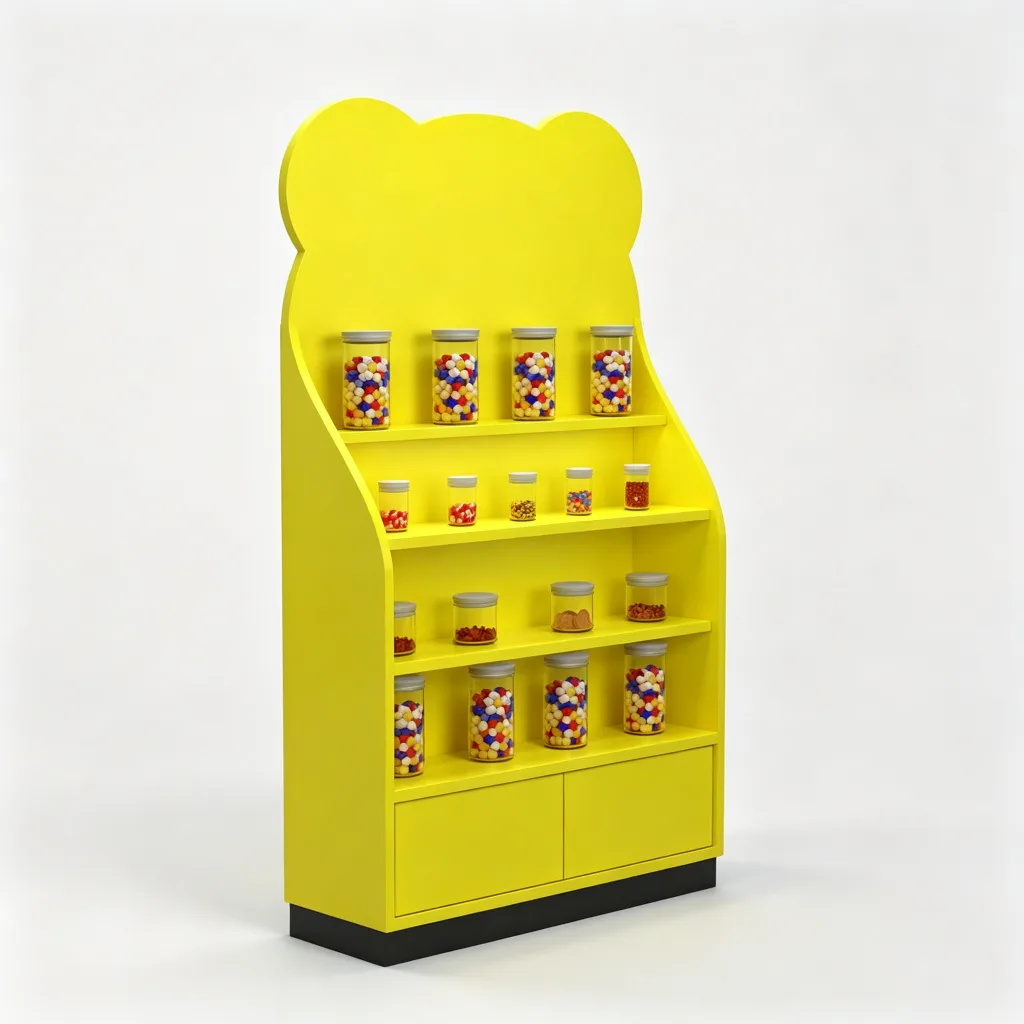 Yellow Bear Ear Candy Display Shelf 4-Tier with Storage Cabinet