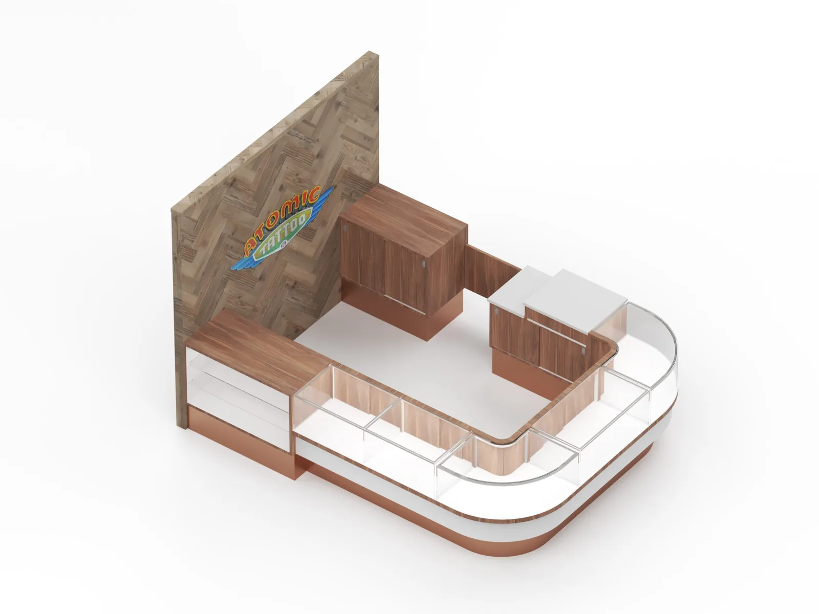 L-shaped glass jewelry kiosk and curved counter layout
