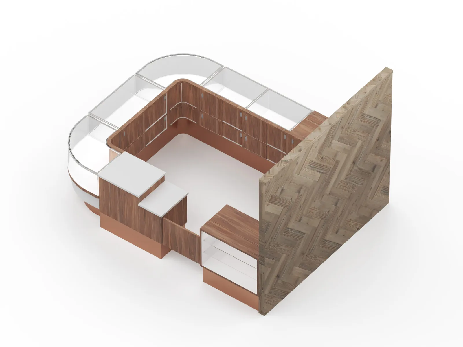 Jewelry display counter with wood-finish storage and backwall