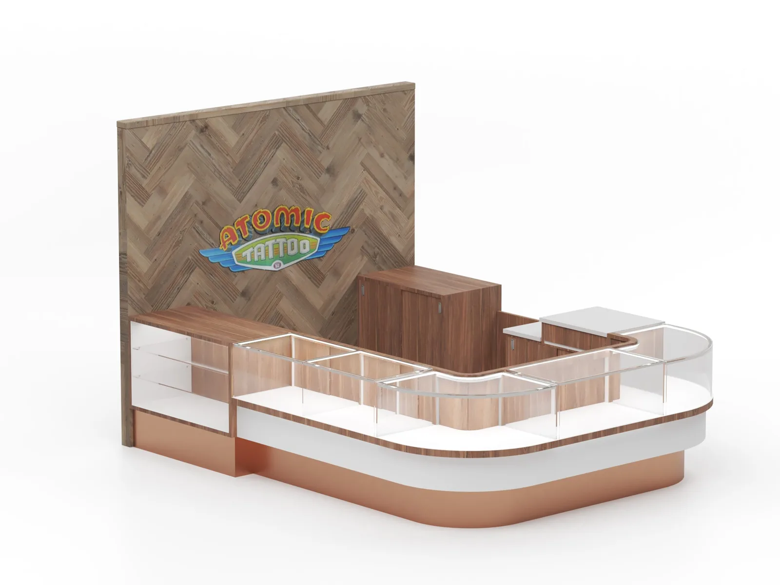 Curved glass jewelry showcase with matching display shelving