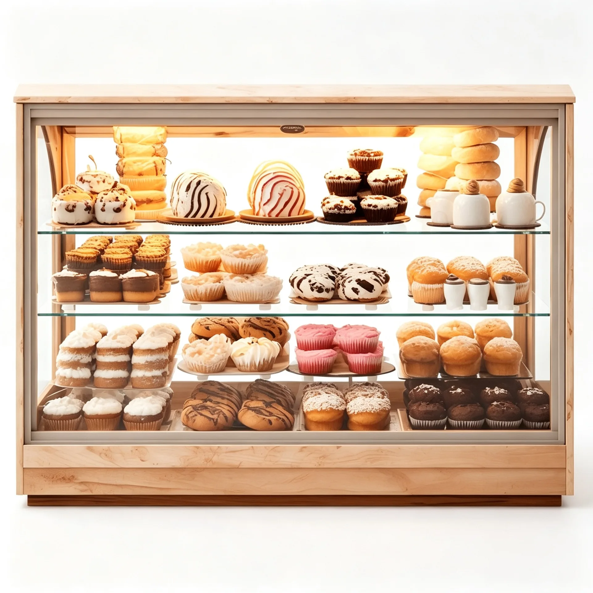Curved Front Wood Framed Bakery Pastry Display Case with LED Light for Cake Shop