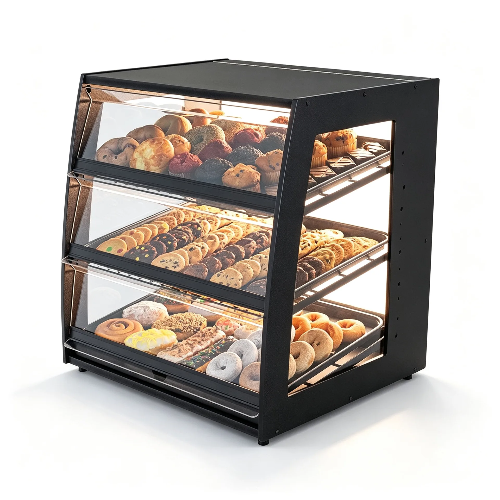 3 Tiers Black Curved Glass Stainless Steel Bakery Display Case