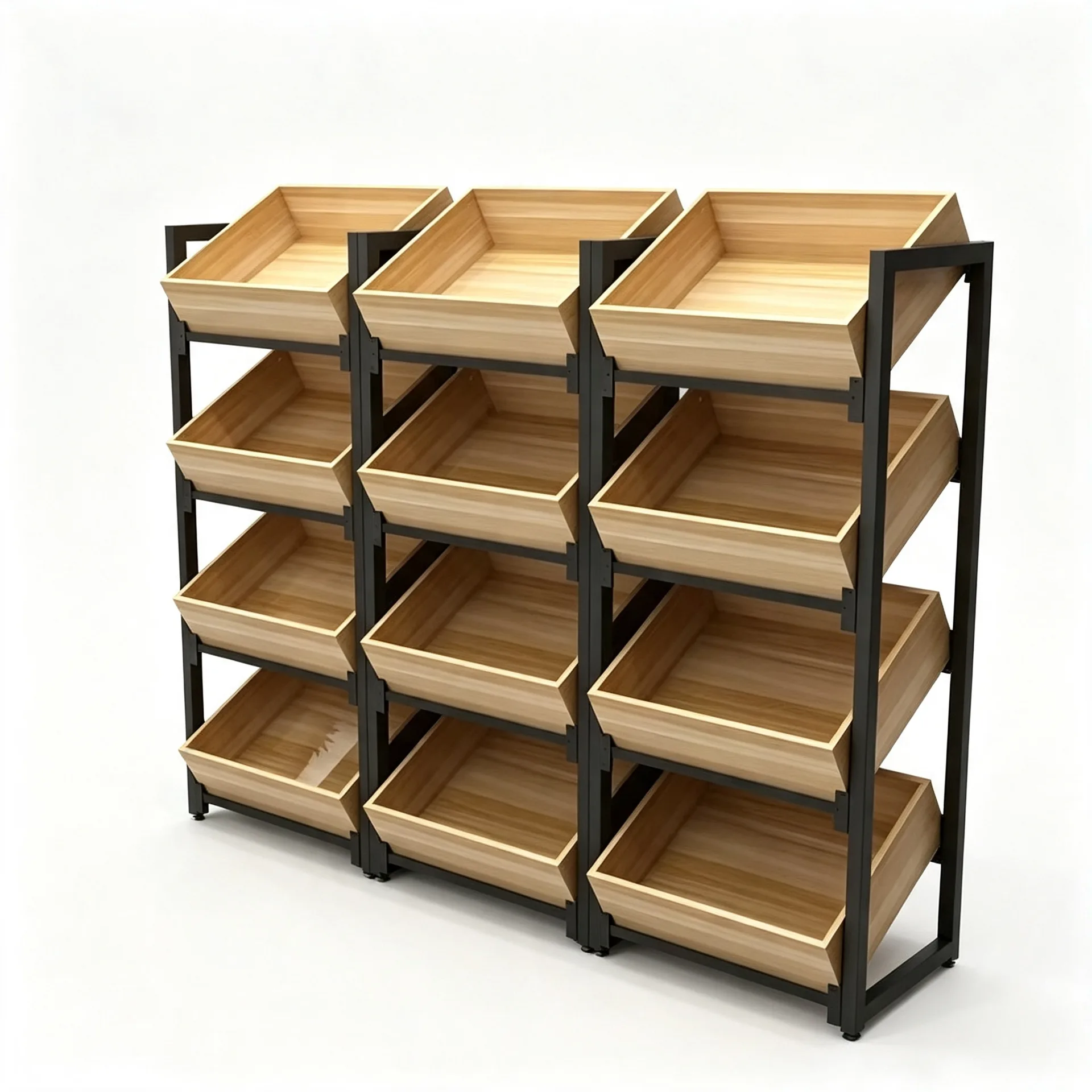 4-Tier Freestanding Metal Frame Wooden Crate Display Stand for Market