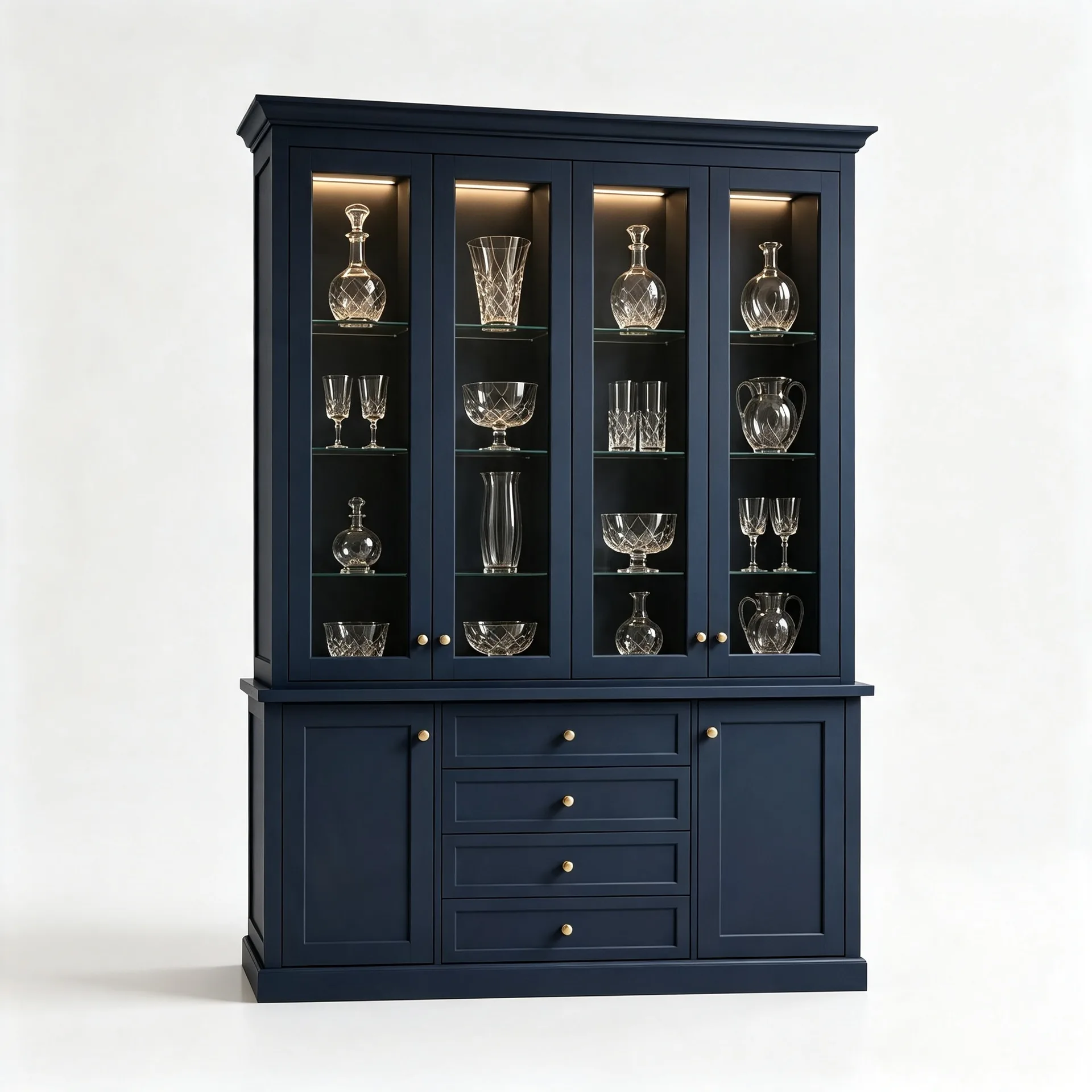 Traditional 4-Door Navy Blue Wooden Glass Display Cabinet with Drawers