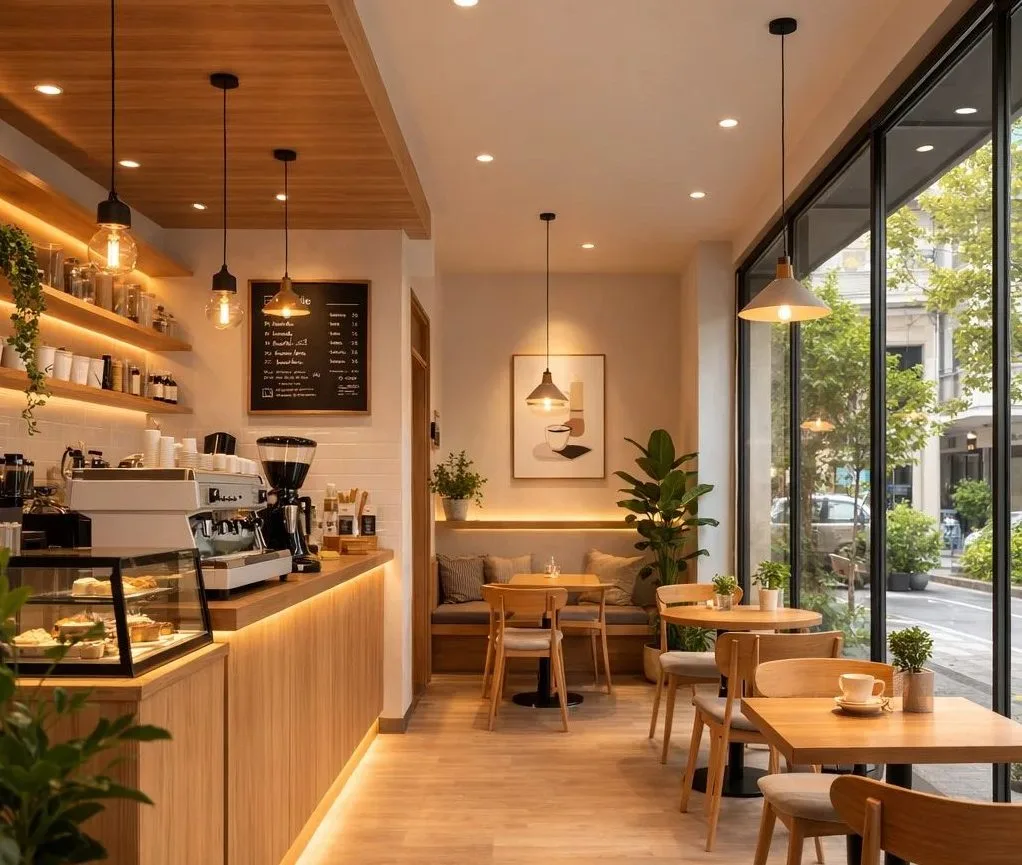 Warm Wood Coffee Shop Design – Cozy & Functional Retail Space Solutions