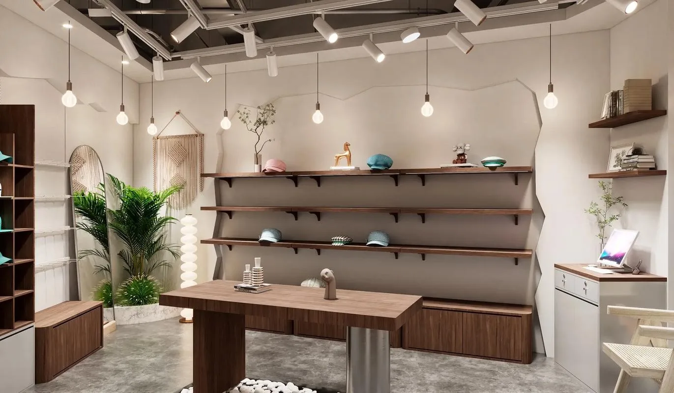 Hat Cap Displays | Retail Hat Shop Design Store Fixtures – Minimalist Hat Shop Design: Warm Wood, Soft Tones & Functional Hat