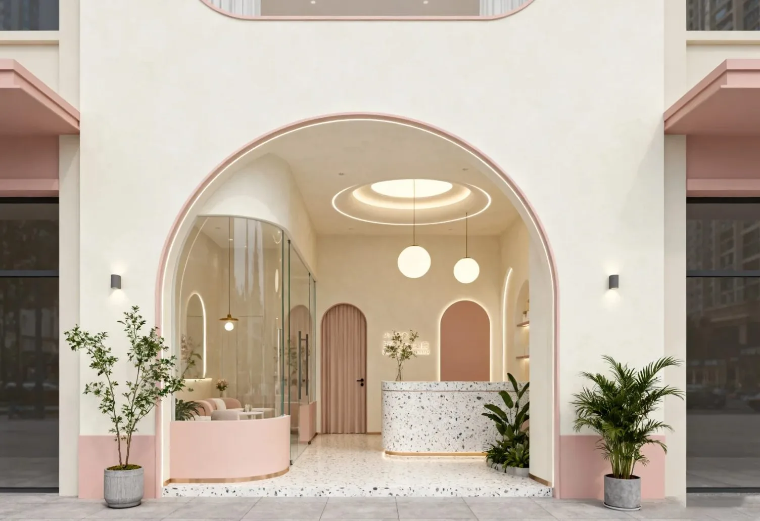Beauty Salon Interior Design with Cream Pink Curved Layout, Terrazzo Microcement Decor & Full Functional Space Plan