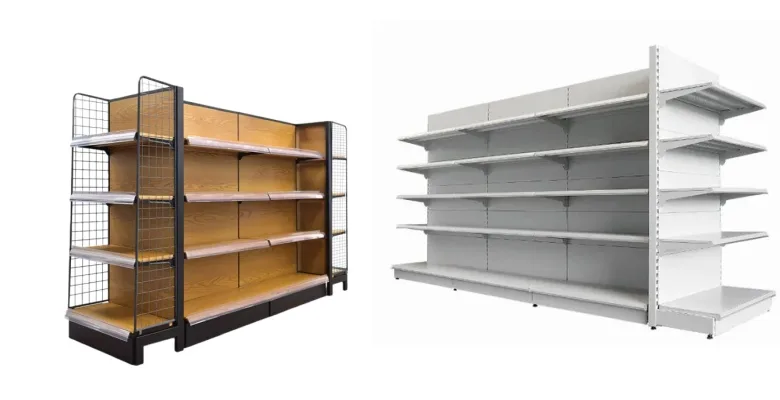 Wood-look and white supermarket gondola shelving arrangements