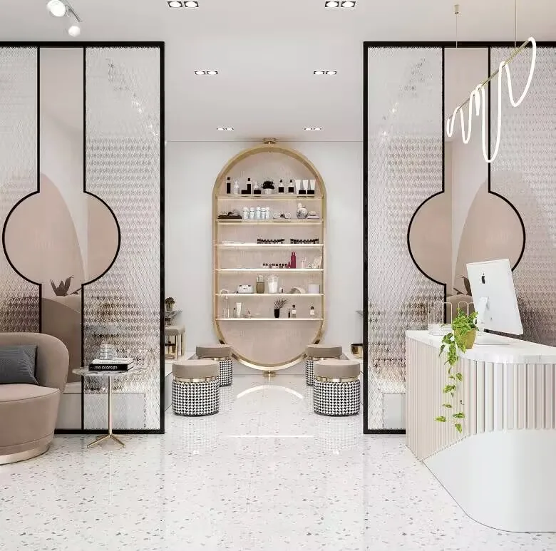 Beauty Salon Design | Spa Furniture Salon Retail Displays – Beauty Salon Interior Design with Cream Pink Curved Layout, Terra