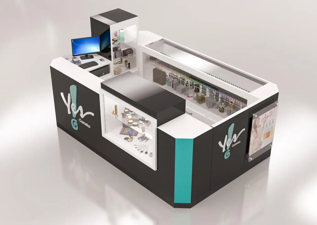 Cosmetic Kiosk Makeup Kiosk For Mall – Black and grey cosmetics store commercial furniture custom Skincare product display st
