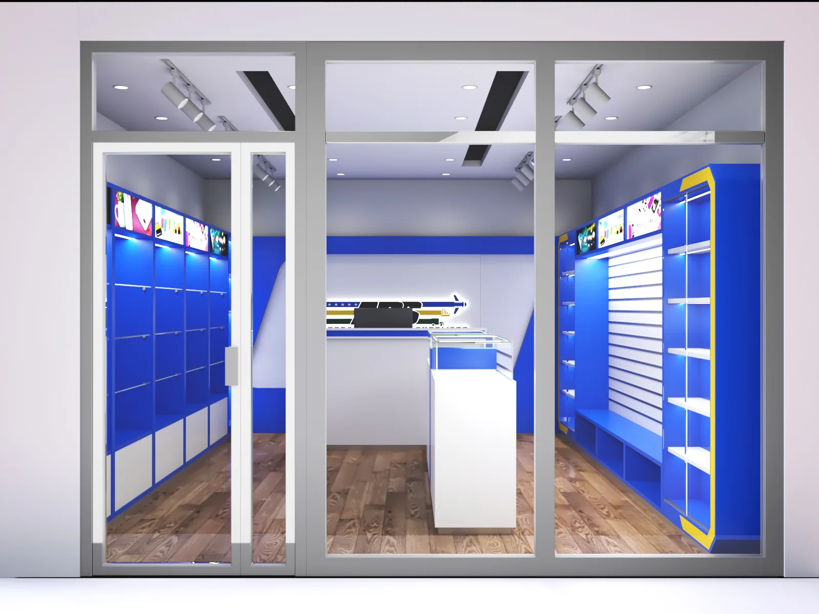 Mobile Shop Design, Displays Decorations – Vitality Blue Mobile Phone Store accessories retail cell phone counter glass showc