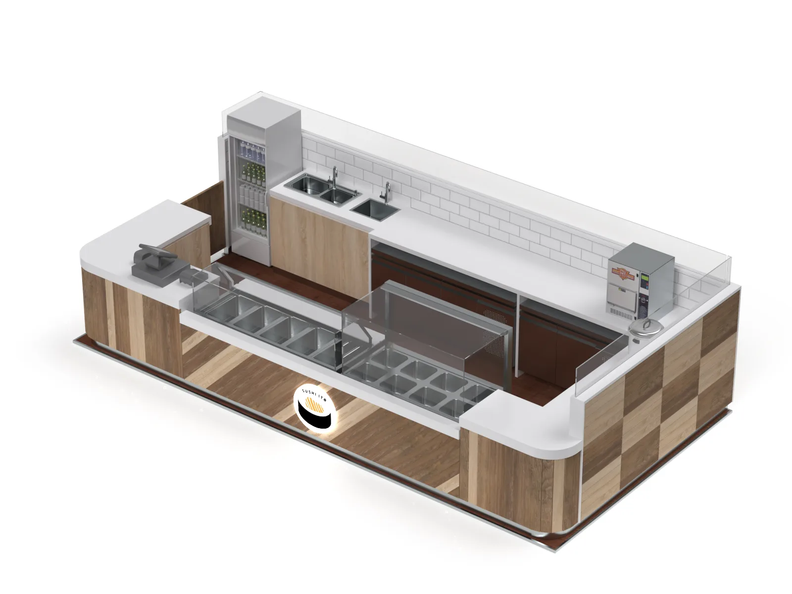 Sushi Restaurant Bar Design, Displays Furniture – Warm‑toned Wooden Sushi Restaurant with Open Bar and Textured Raw Interiors