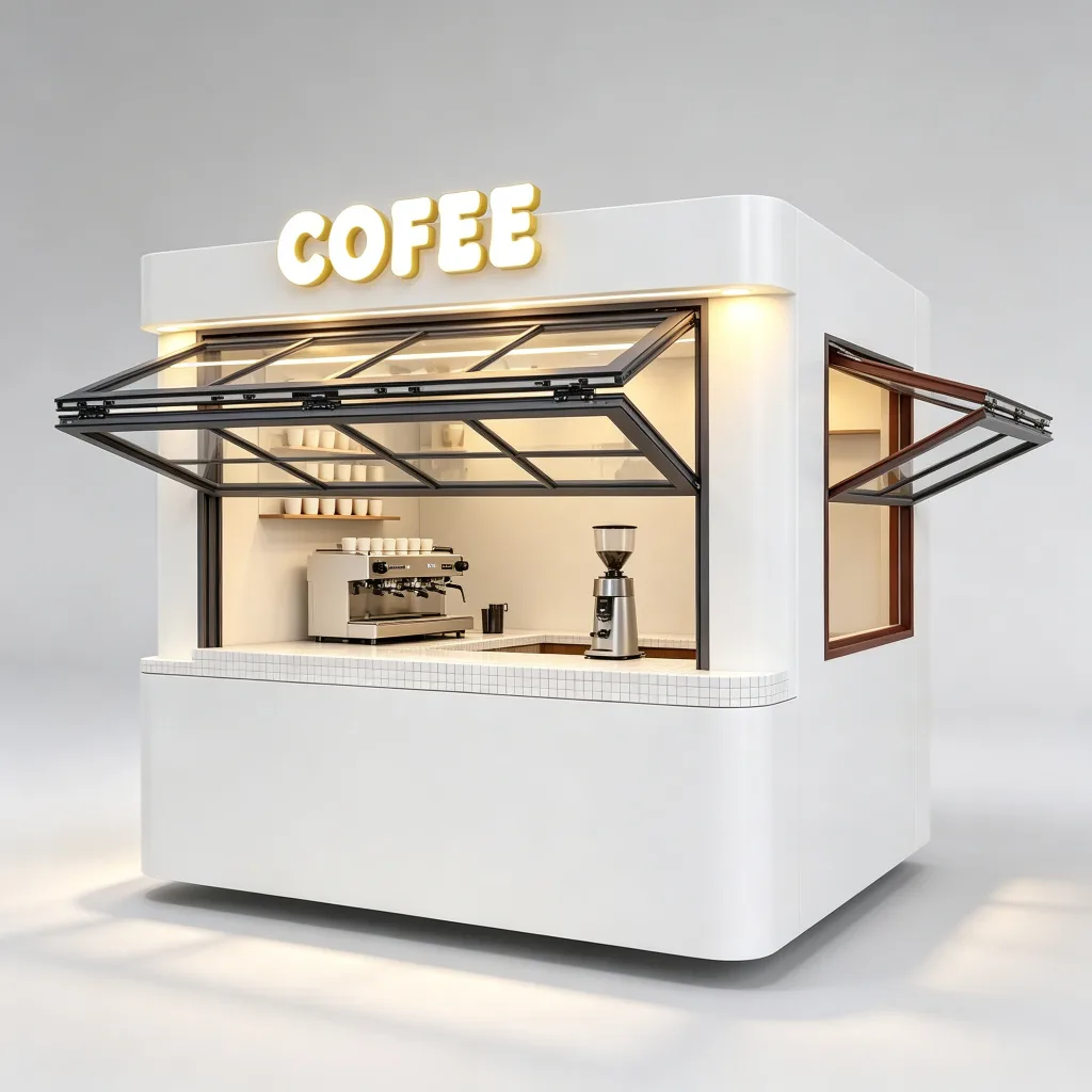 Mobile Outdoor Cafe Kiosk | White Rounded Coffee Stand with Folding Window | 2.2m Custom Design