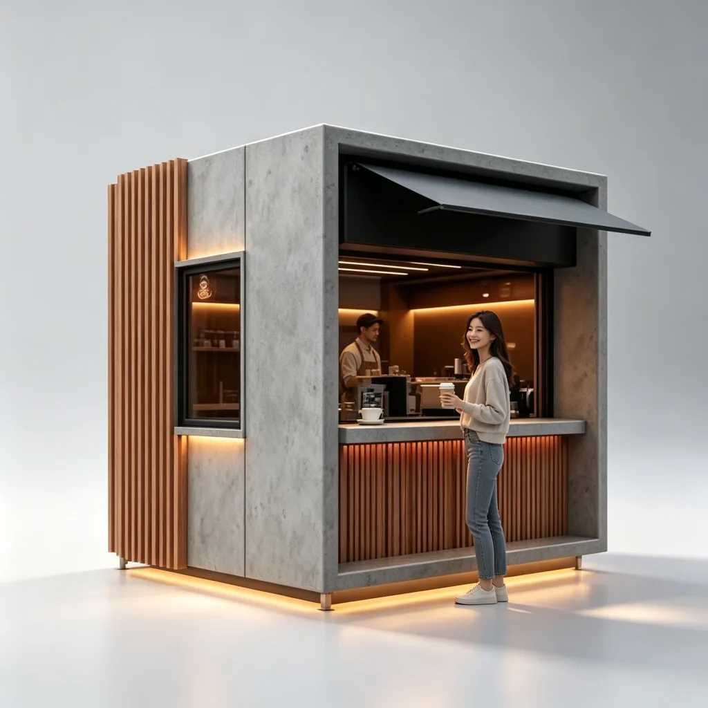 Outdoor Cafe Stand | Modern Concrete & Wood Commercial Booth | 2.5m x 2m LED Design