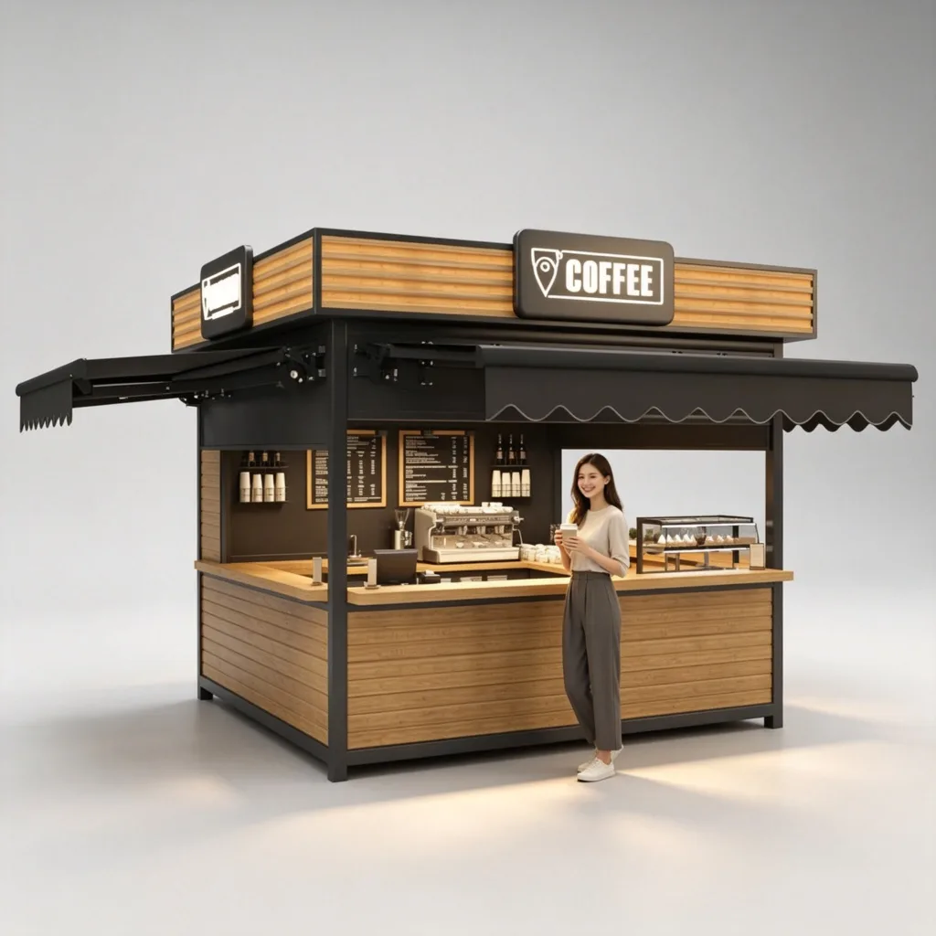 Wood & Steel Outdoor Cafe Stand | 3.5m Open-Air Coffee Kiosk | Custom Design