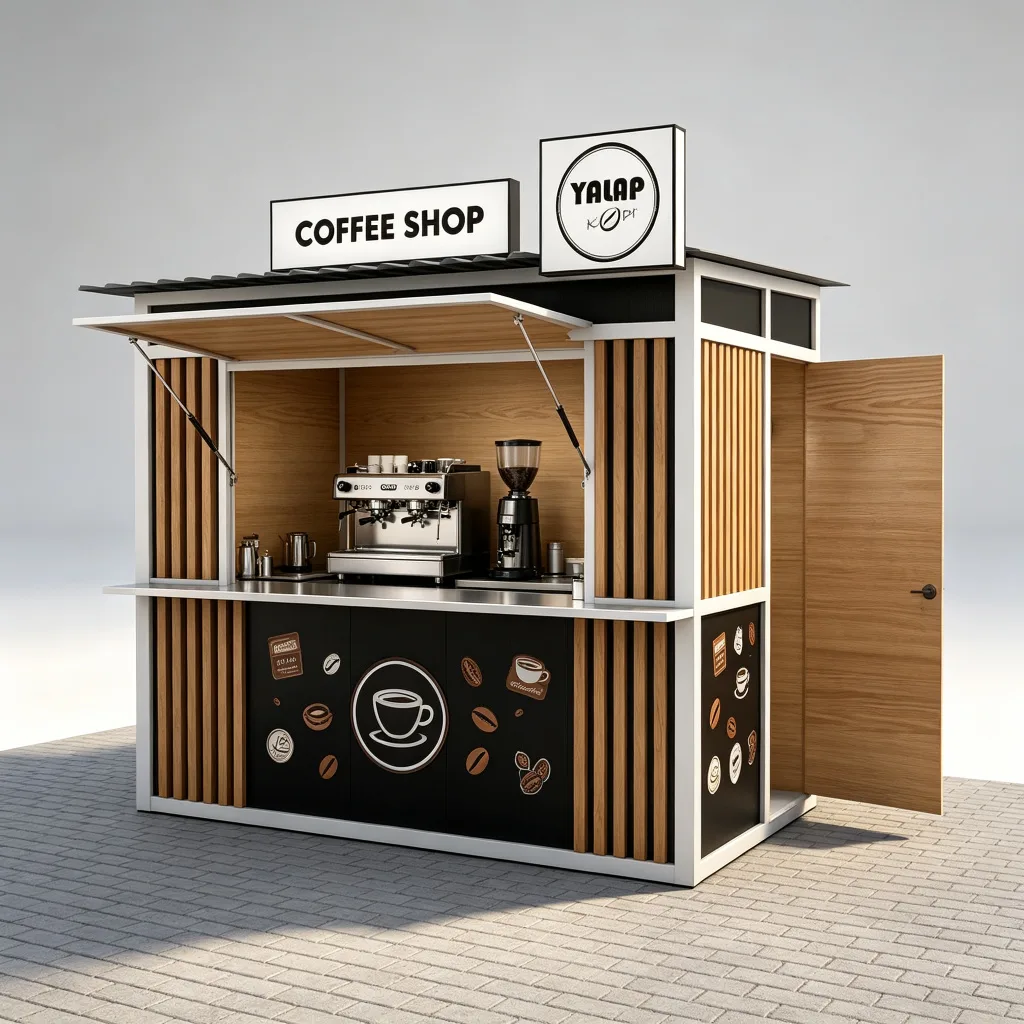 Steel Frame Outdoor Cafe Stand | 2.5m Black & White Coffee Kiosk | Custom Design