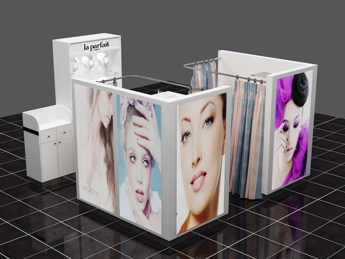 Wholesale beauty salon design kiosk with mdf display showcase in shopping mall for sale