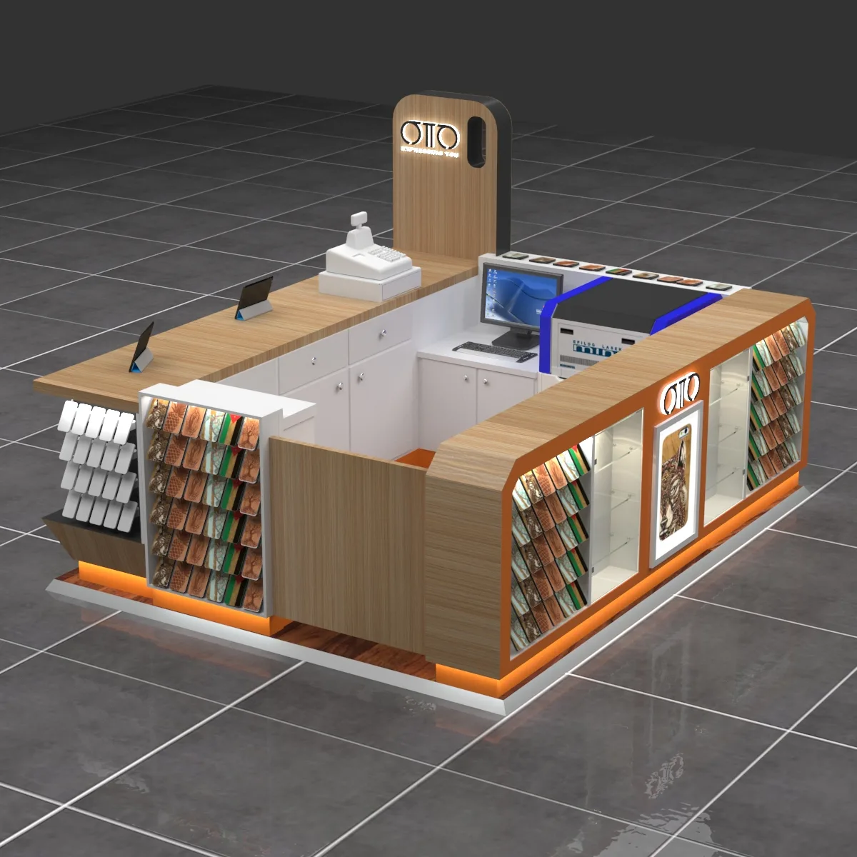 Orange phone kiosk design Phone accessory display cabinet on sale