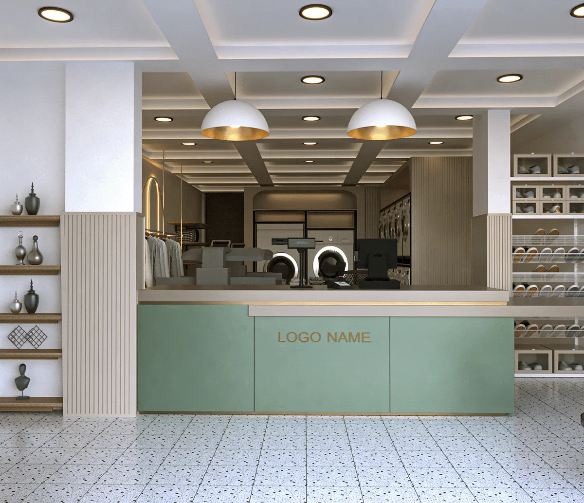 Laundry Shop Design, Display Fixtures Furniture – Gold Wave Decoration Laundry Shop Wooden Wall Cabinet Laundry Store image 8