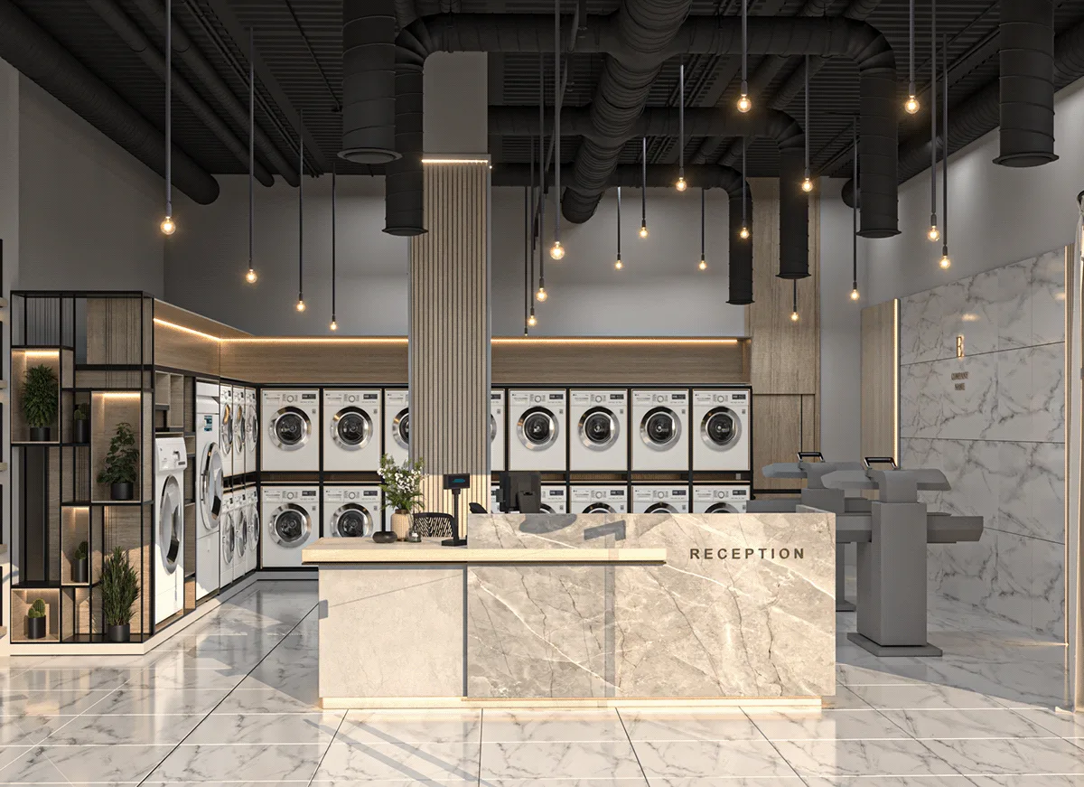 Laundry Shop Design, Display Fixtures Furniture – Gold Wave Decoration Laundry Shop Wooden Wall Cabinet Laundry Store image 7