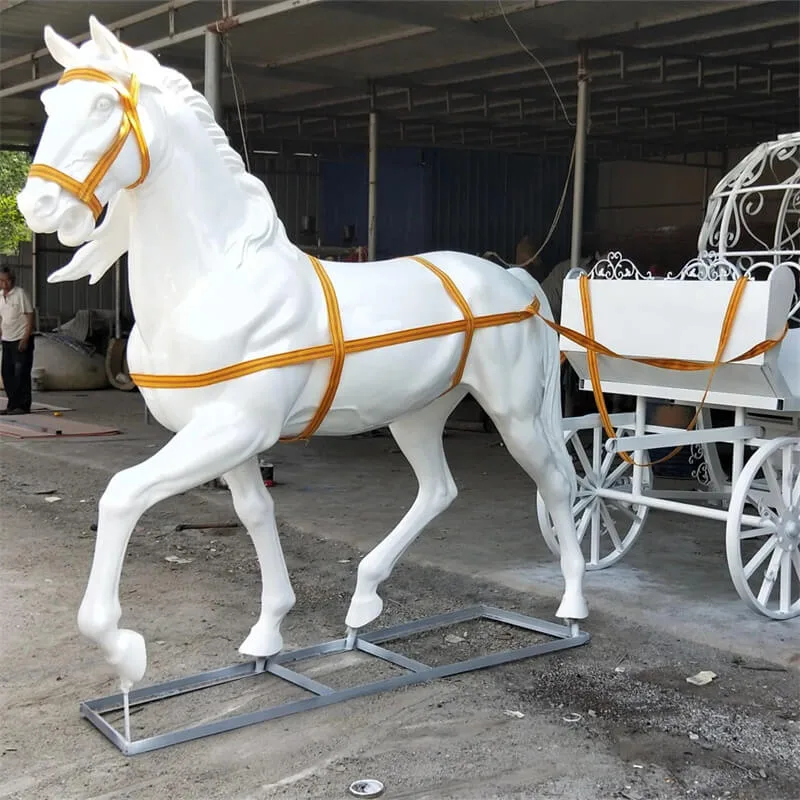 Custom European White Horse Fiberglass Sculpture With Pumpkin Carriage Mall Wedding Scenic Viral Photo Large White Horse Sculpture