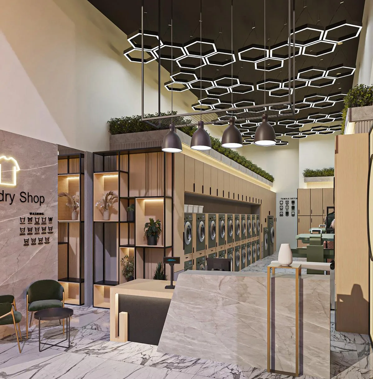 Laundry Shop Design, Display Fixtures Furniture – Gold Wave Decoration Laundry Shop Wooden Wall Cabinet Laundry Store image 1