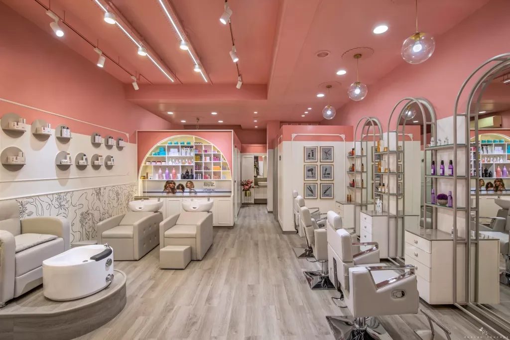 Beauty Salon Design | Spa Furniture Salon Retail Displays – Beauty Salon Interior Design with Cream Pink Curved Layout, Terra