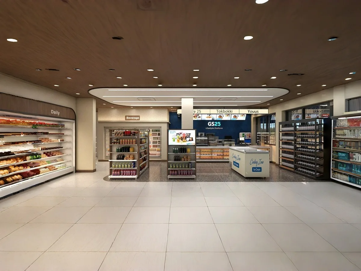Convenience Store Design, Displays, Shelving Fixtures – Minimalist convenience store design with high-quality shelving and in