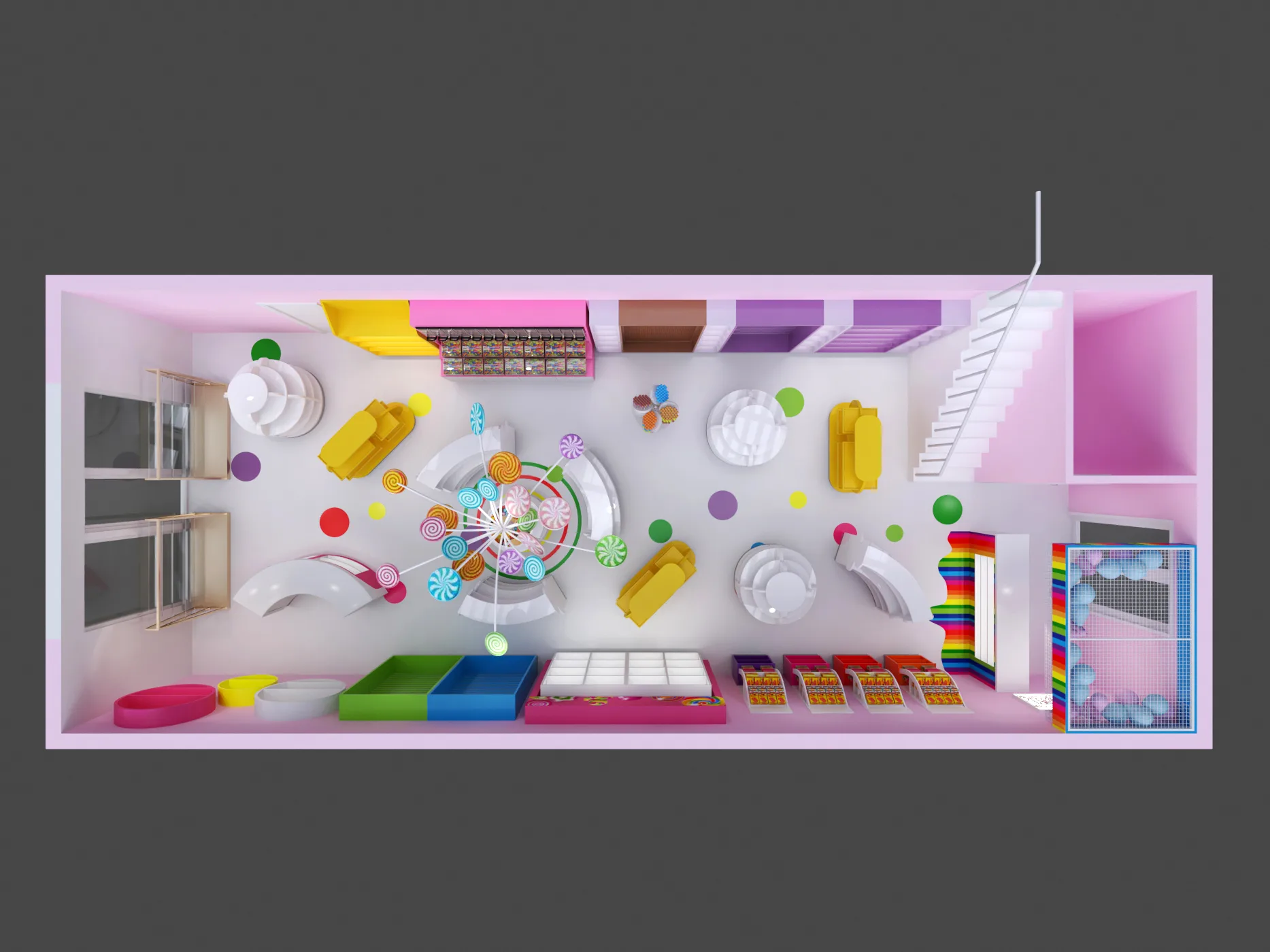 Colorful candy shop Interior design unique funny candy display showcase Vitality Gummy candy shelf