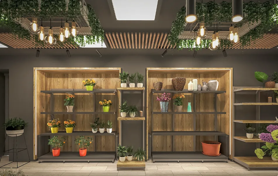 Flower Shop Design, Rack Displays Store Fixtures – Gold Frame Tiered Flower Display Cabinet image 7