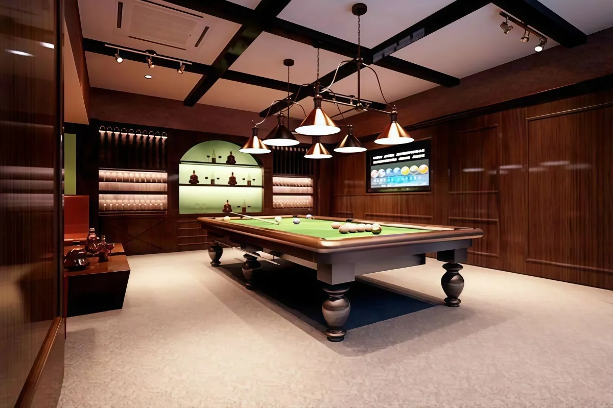 Billiard Hall Design, Pool Hall Fixtures, Furniture Signages – Modern Billiard Hall Design With Wall Decors & Display Fixture