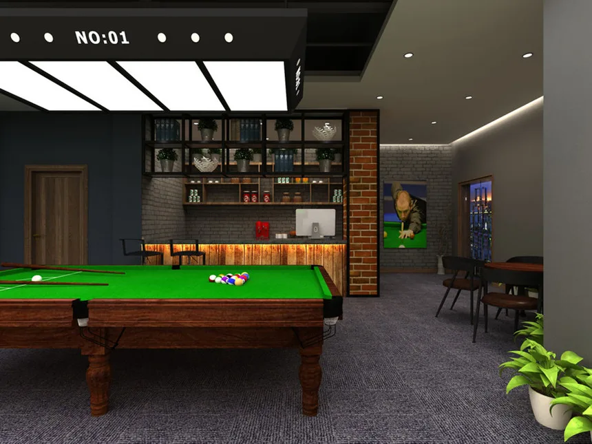 Billiard Hall Design, Pool Hall Fixtures, Furniture Signages – Modern Billiard Hall Design With Wall Decors & Display Fixture