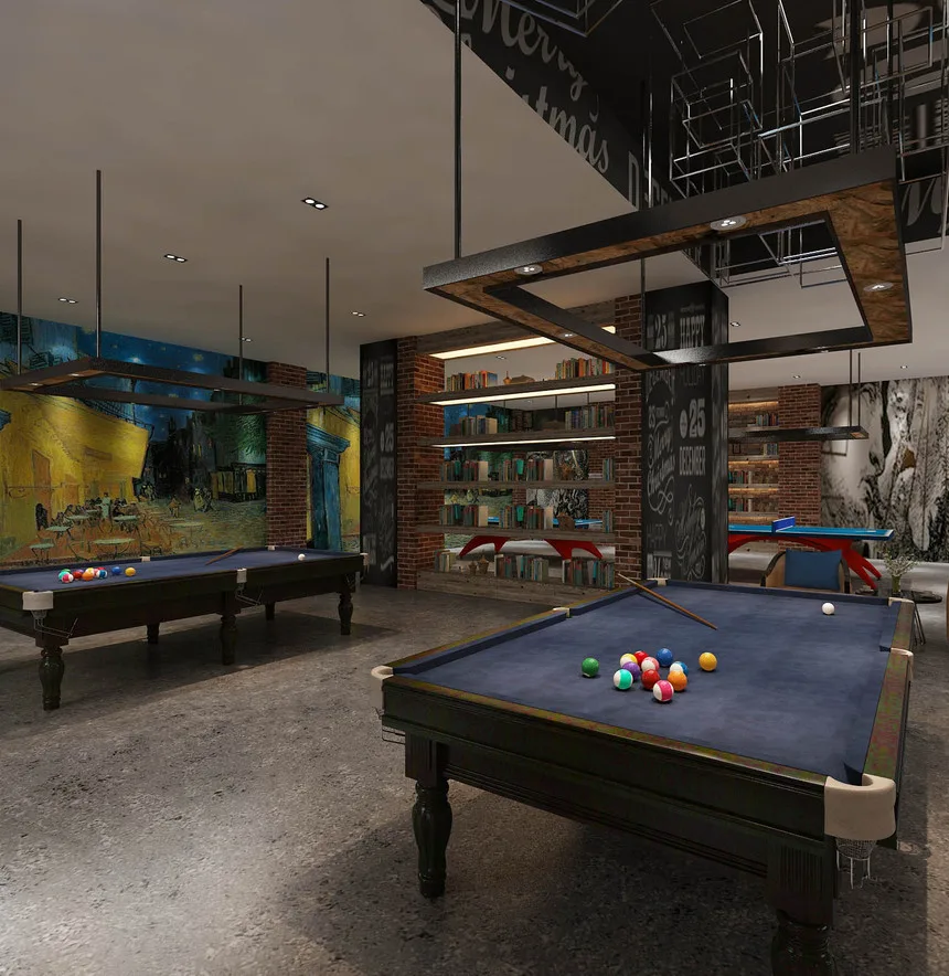 Billiard Hall Design, Pool Hall Fixtures, Furniture Signages – Modern Billiard Hall Design With Wall Decors & Display Fixture