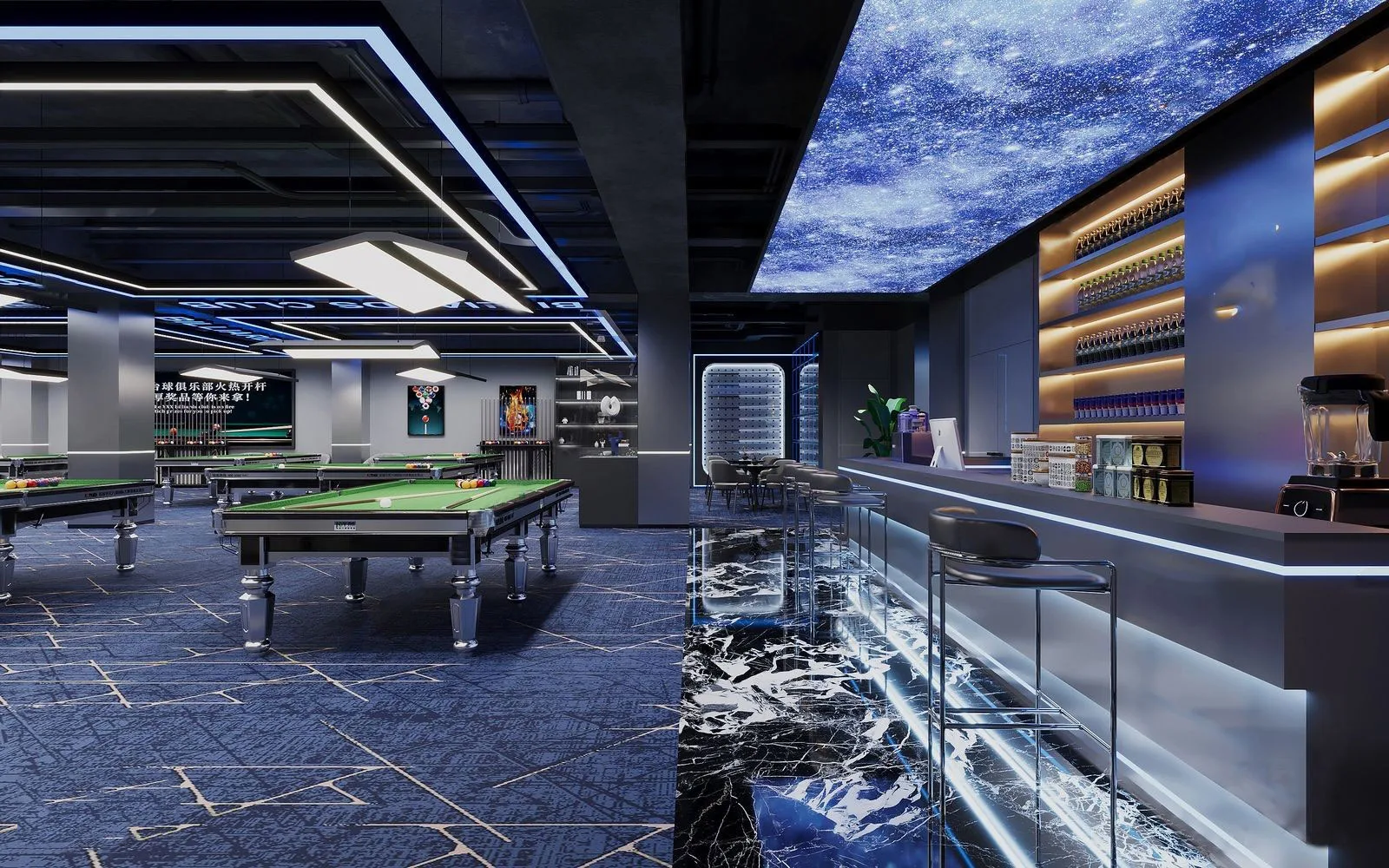 Billiard Hall Design, Pool Hall Fixtures, Furniture Signages – Modern Billiard Hall Design With Wall Decors & Display Fixture