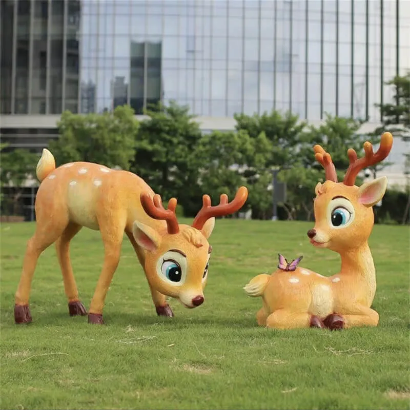 Cute Cartoon Deer Sculpture | FRP Outdoor Lawn Ornament for Gardens & Mall Photo Spots