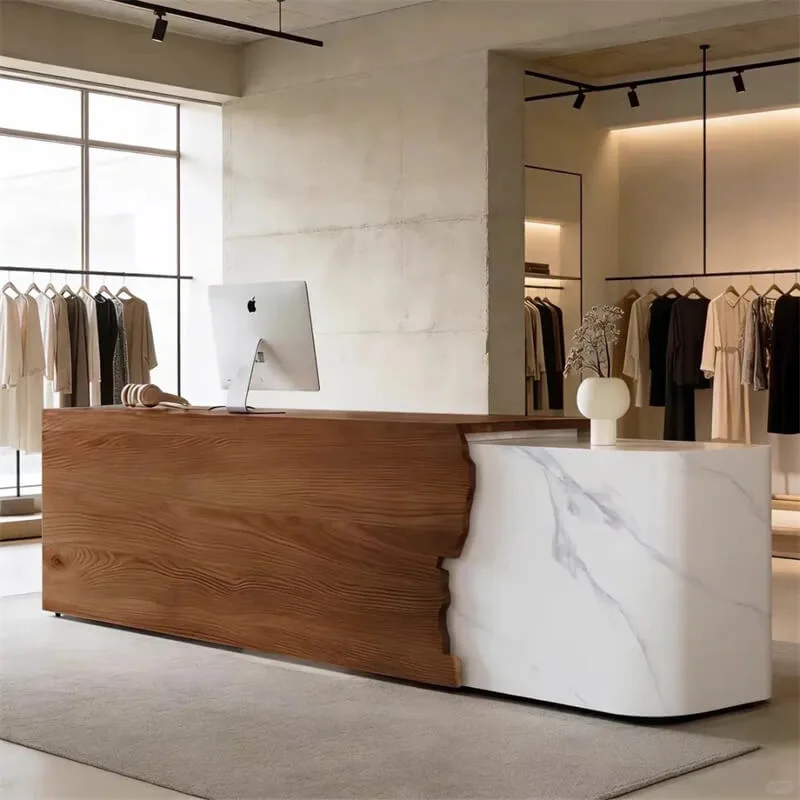 Irregular Wood Terrazzo Spliced Reception Desk High End Curved Reception Desk For Online Fashion Store Custom Commercial Checkout Counter