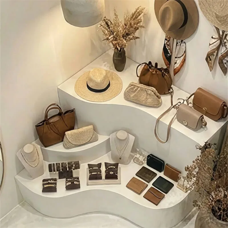 White Wavy Curved Tiered Accessory Display Stand Multi Layer Bag Jewelry Display Stand For Internet Famous Women Clothing Store