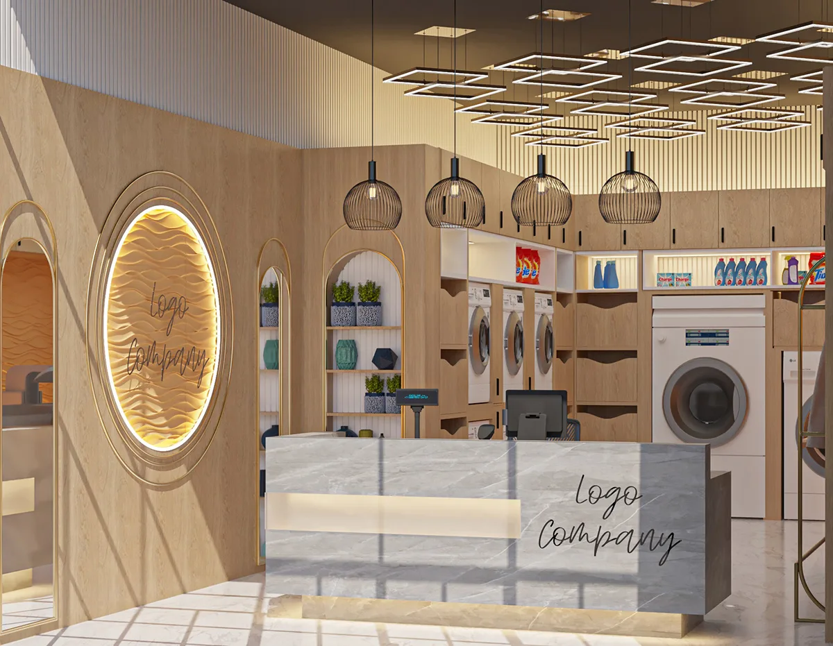 Laundry Shop Design, Display Fixtures Furniture – Gold Wave Decoration Laundry Shop Wooden Wall Cabinet Laundry Store image 1